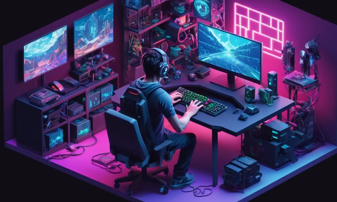 Un jugador rodeado de equipos de juego y código en una pantalla de computadora.