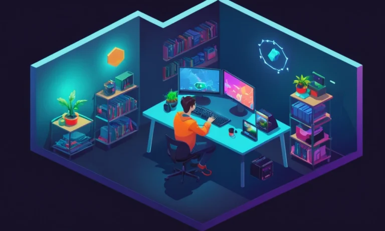 Una persona sentada en un escritorio con un software de desarrollo de computadora y juego abierto en la pantalla.