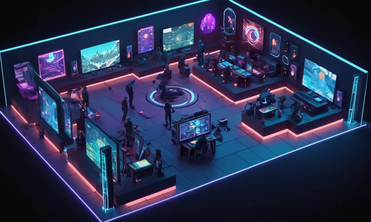 Desarrolladores de juegos trabajando en gráficos futuristas y diseño de sonido, con pantallas que muestran dinámicas de juego cambiantes.