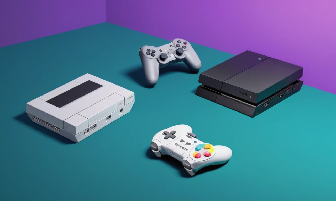 Una imagen de pantalla dividida que compara las consolas de juego viejas y nuevas o configuraciones de juego.