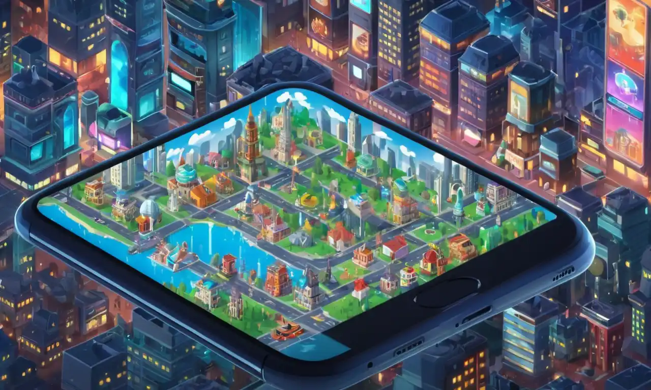 Una pantalla de teléfono inteligente que muestra diferentes juegos móviles de pasado a presente, con un futurista paisaje urbano en el fondo.