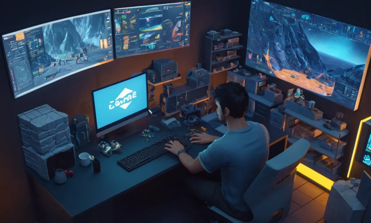 Un modelador 3D trabajando en un ordenador con texturas y personajes del entorno del juego en el fondo.