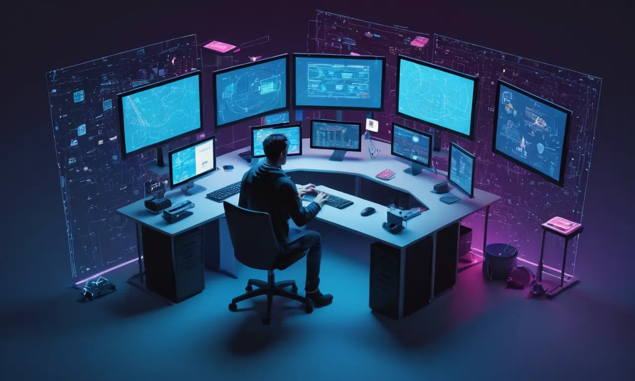 Un programador sentado en un escritorio rodeado de pantallas de codificación y conceptos de diseño de juegos.