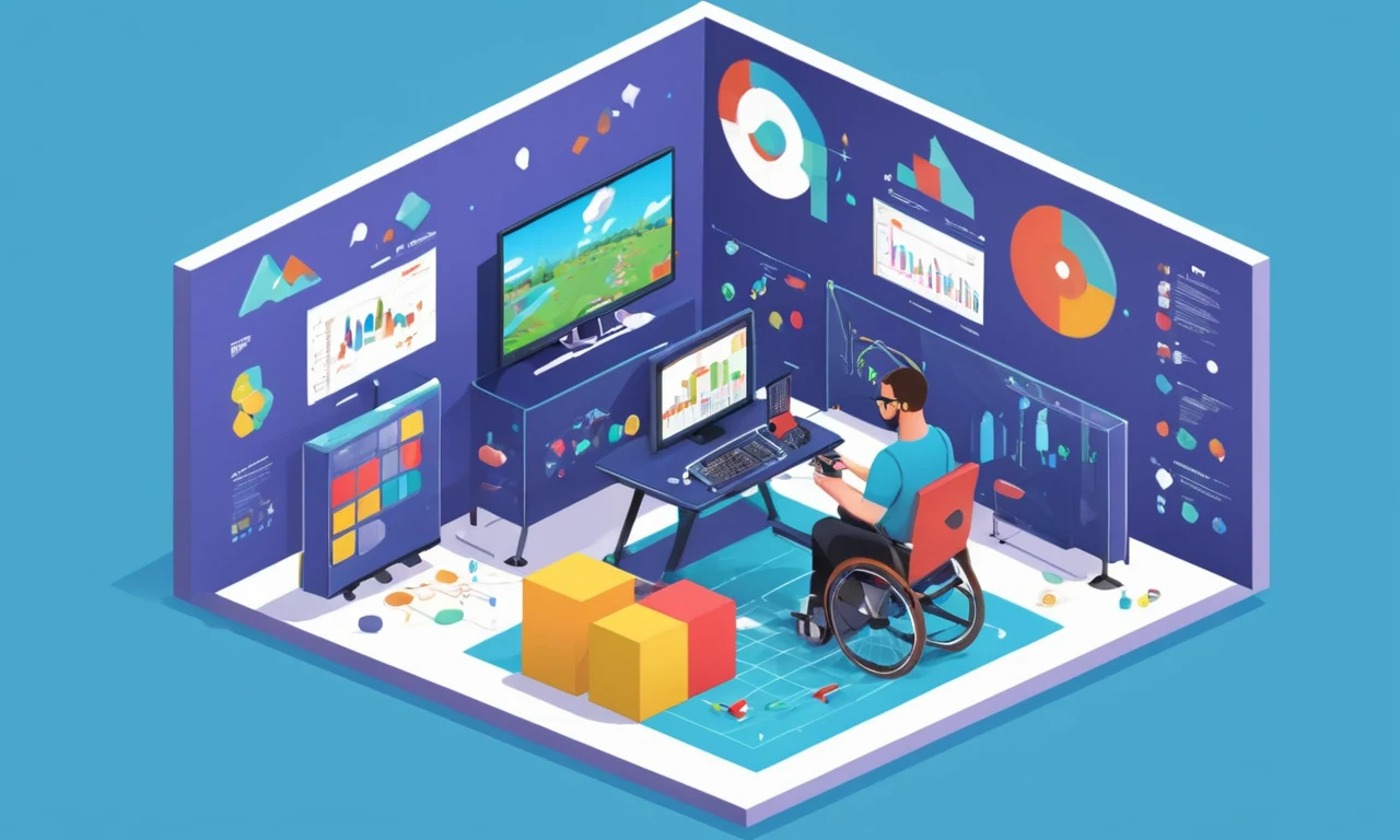 Una persona con discapacidad jugando un videojuego con mods asistibles, rodeado de gráficos y gráficos que muestran el impacto positivo en el juego.