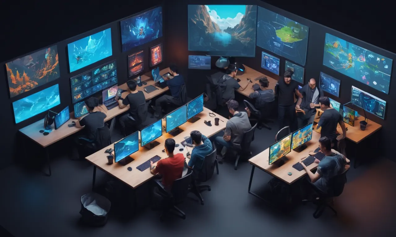 Un diseñador UX colabora con desarrolladores de juegos en una mesa, rodeado de pantallas y arte de concepto de juego.