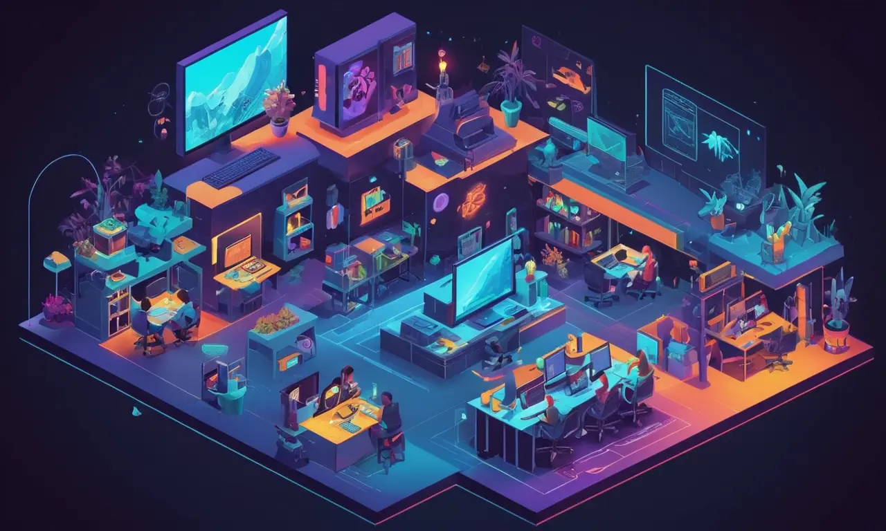 Un diseñador que crea niveles de juego en una pantalla de computadora rodeada de conceptos de arte y notas de colaboración en equipo.