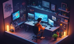 Un diseñador sentado en un escritorio rodeado de arte conceptual y software de desarrollo de juegos.