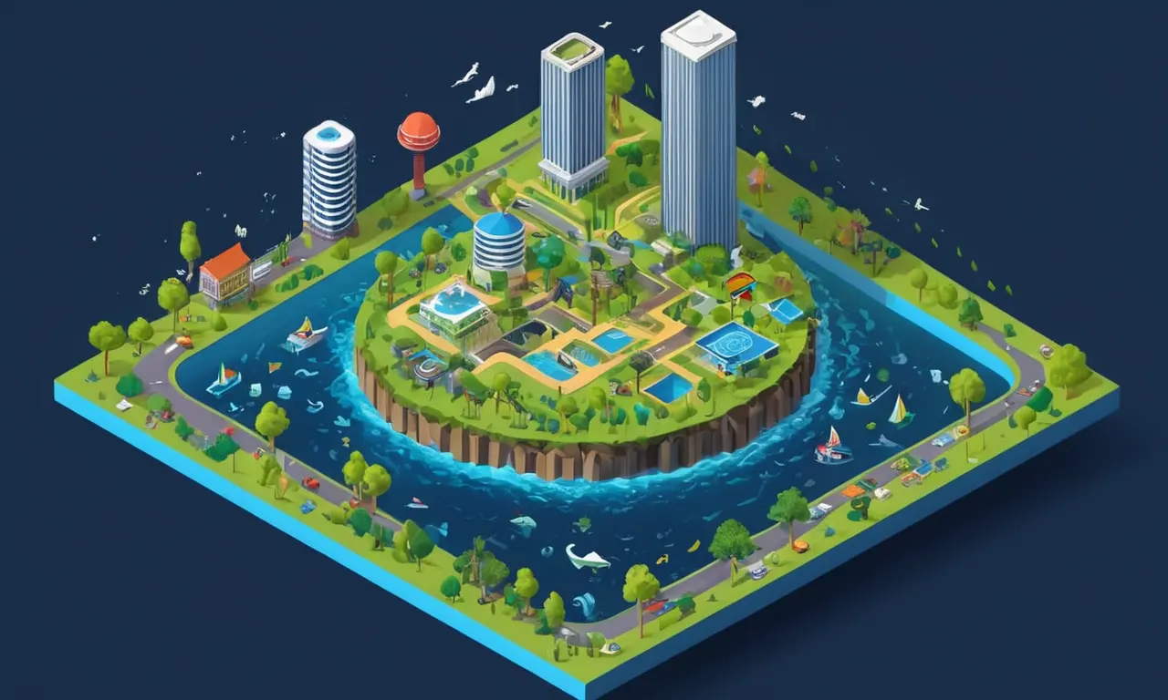 Una representación gráfica de un ecosistema en constante evolución, con plataformas digitales y símbolos que influyen en el proceso de desarrollo.