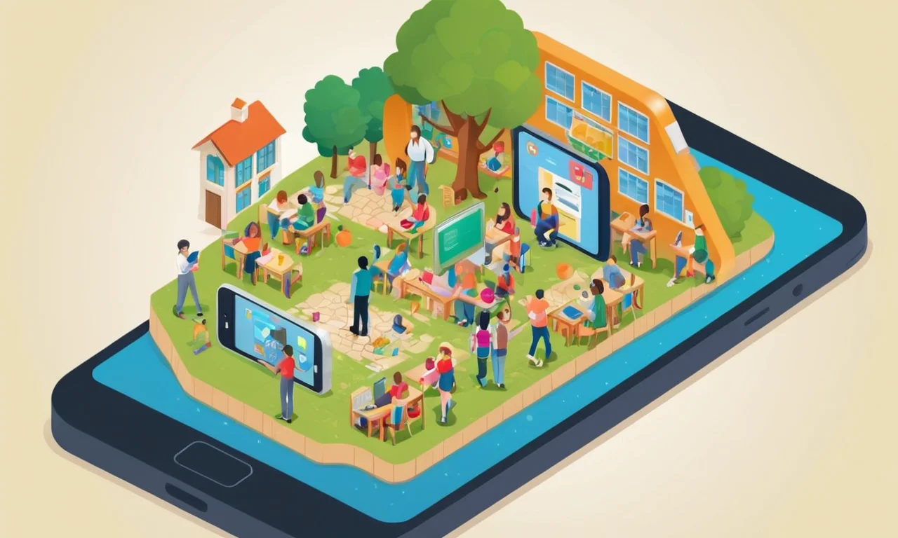 Un dispositivo móvil que muestra varias aplicaciones y herramientas educativas en un contexto de aprendizaje de diversos estudiantes.
