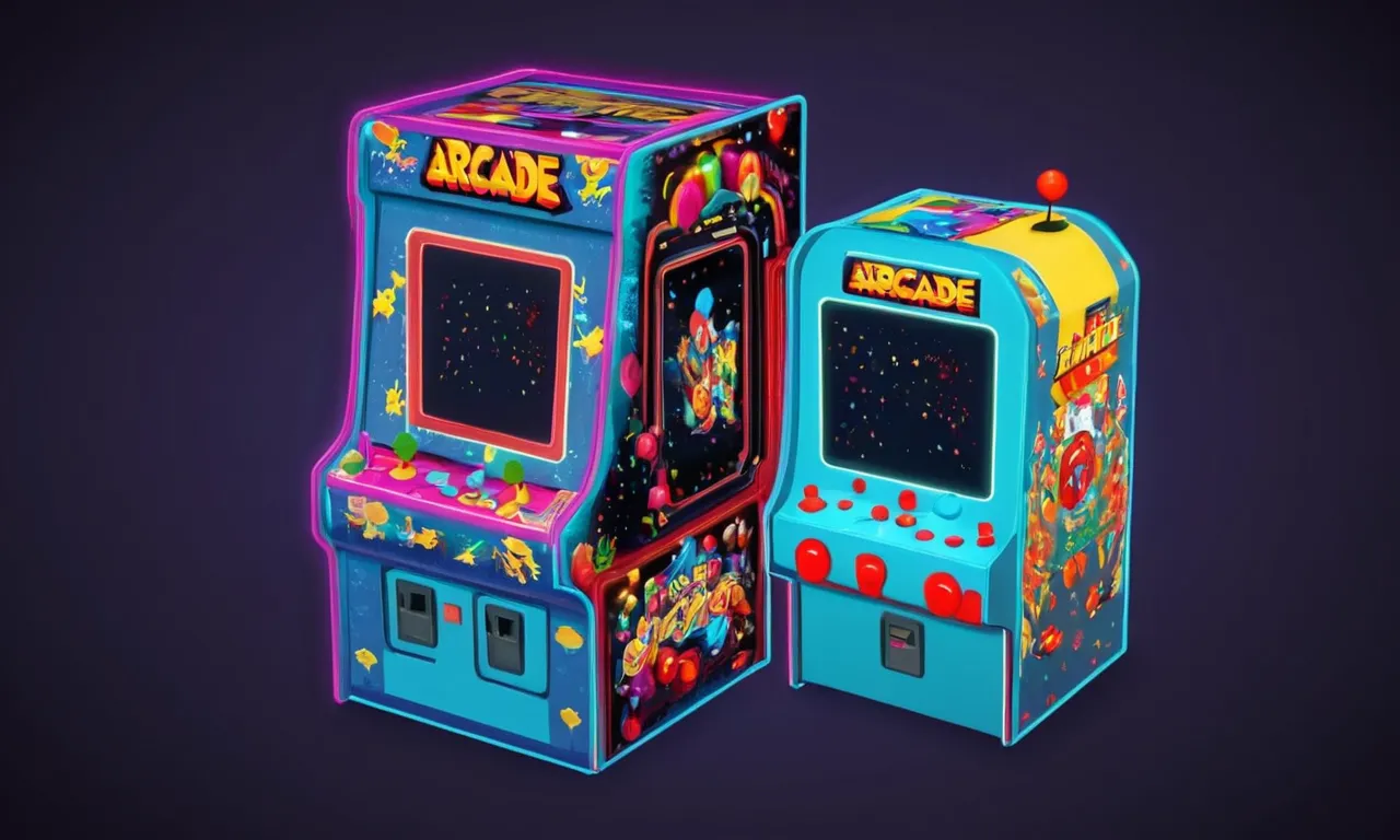 Una máquina de arcade retro con botones coloridos y juegos nostálgicos en la pantalla.