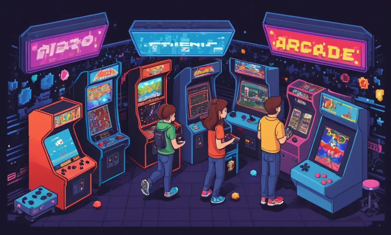 Un grupo de amigos jugando videojuegos clásicos en un arcade, con controladores de consola nostálgicos y arte pixel colorido en el fondo.