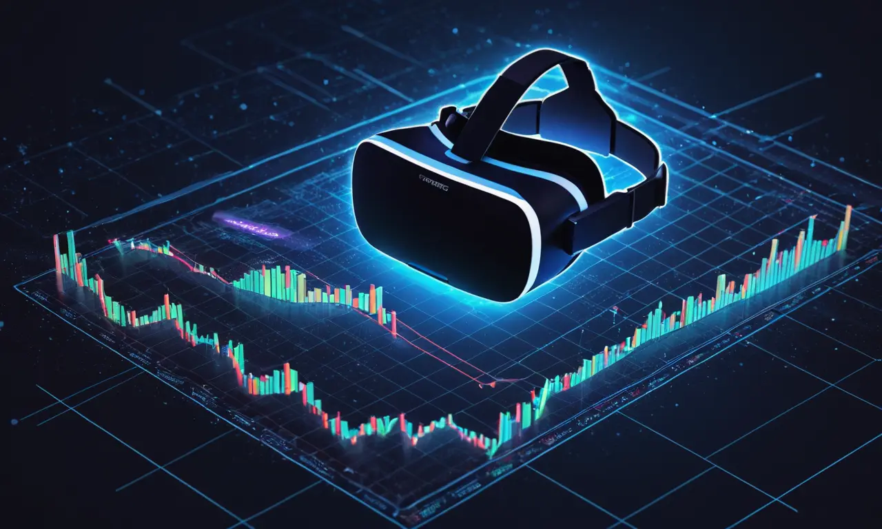 Un gráfico que muestra datos económicos con un auricular VR en primer plano.