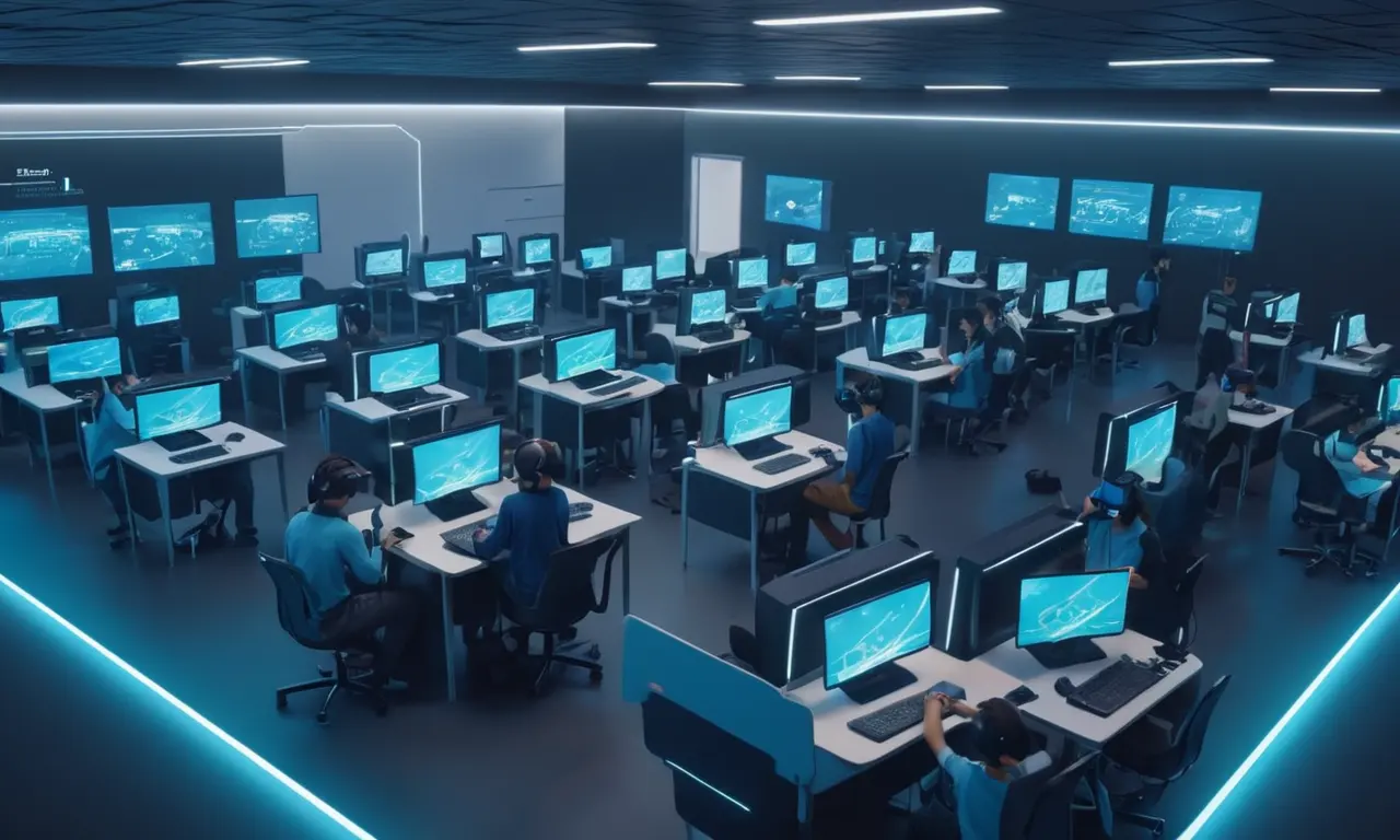 Una escena futurista del aula con estudiantes con auriculares VR e instructores observando en monitores.