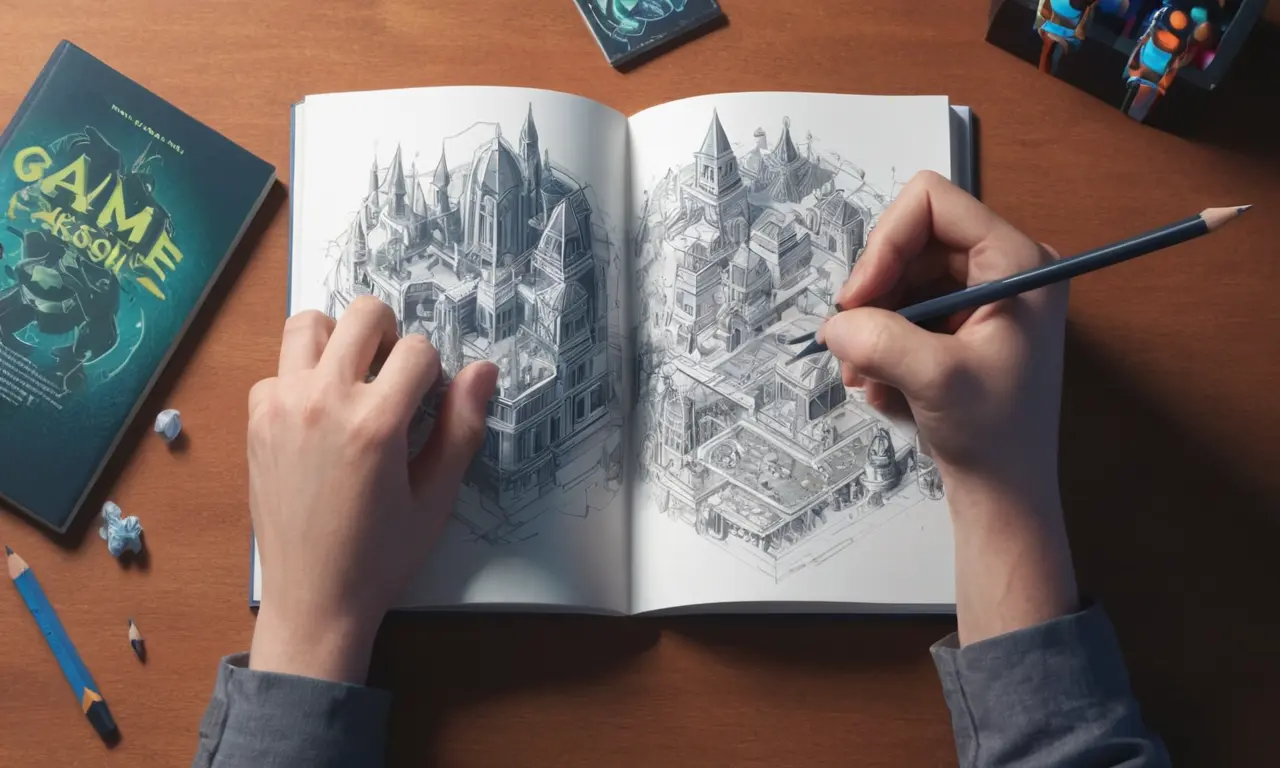 Las manos de un artista sostienen un lápiz, con un libro de diseño de juego y el arte de concepto enemigo en el escritorio.