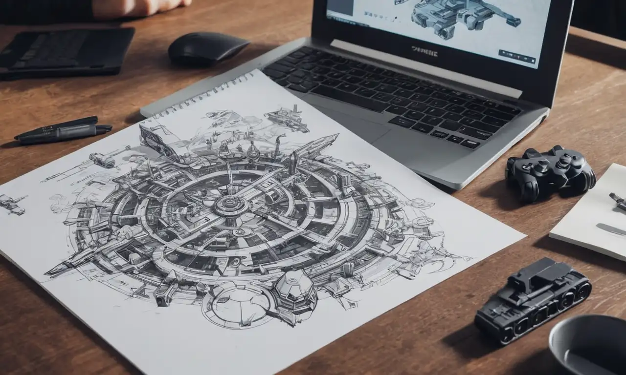 Un diseñador de juegos sentado en un escritorio, rodeado de arte conceptual y notas, con una pantalla de televisión que muestra un diseño de carácter.