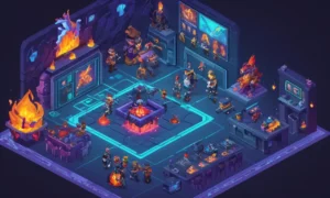 Desarrolladores de juegos creando diseños enemigos y jefes en una pantalla de computadora.