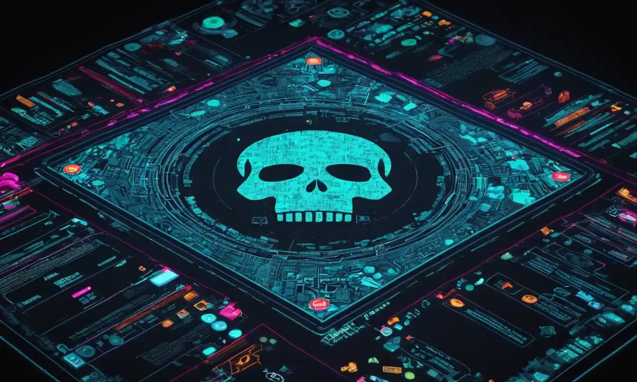 Una pantalla de computadora que muestra varias formas de piratería digital con símbolos de advertencia y iconos de seguridad que la rodean.