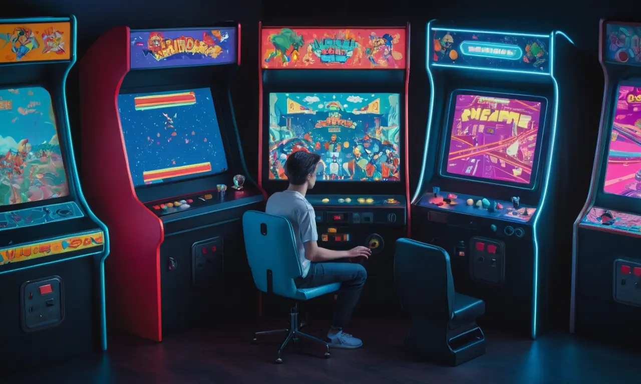 Un jugador nostálgico sentado frente a un antiguo gabinete de arcade con pantallas que muestran juegos clásicos y modernos.