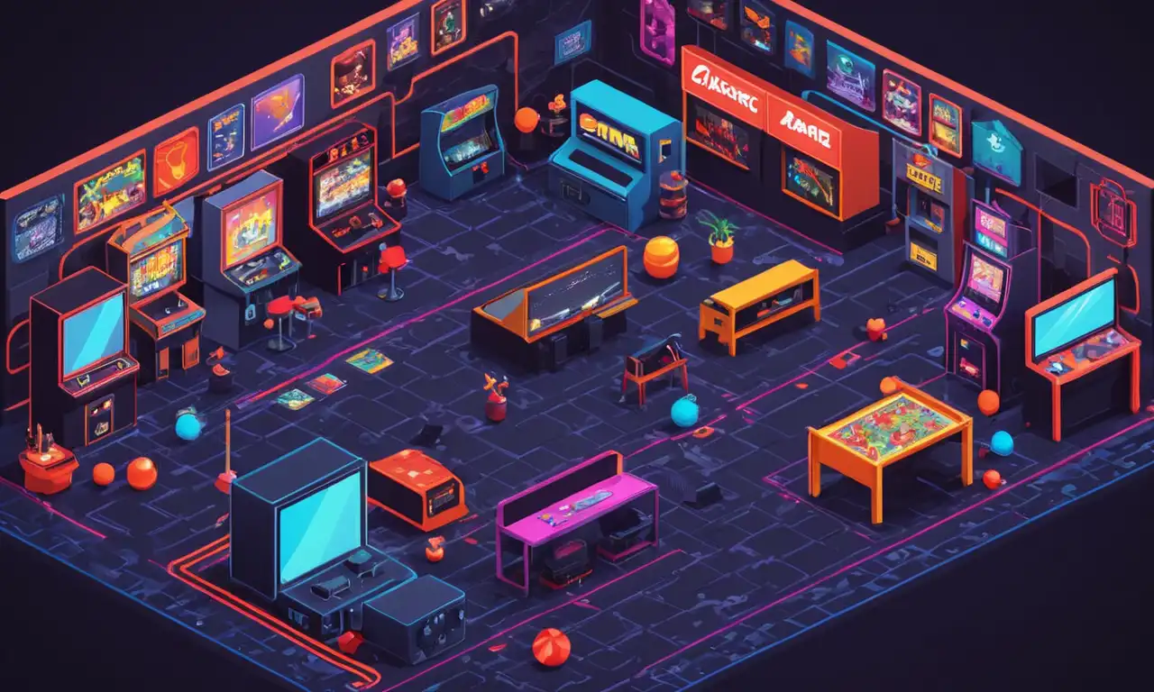 Una escena de arcade retro con juegos clásicos y consolas nostálgicas junto a modernos sistemas de juego y pantallas digitales.