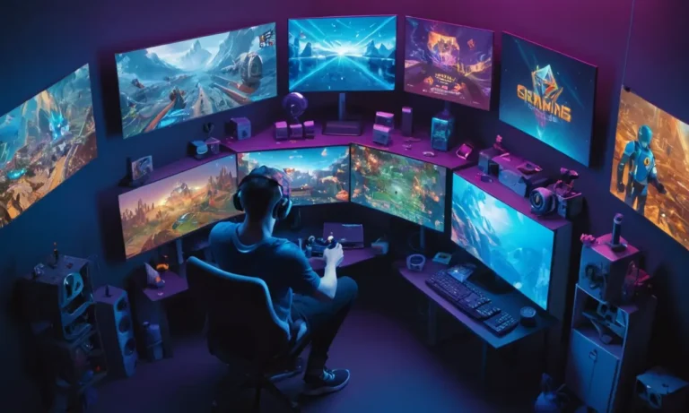 Un jugador sentado frente a una pantalla de ordenador rodeado de mundos virtuales y plataformas de redes sociales.