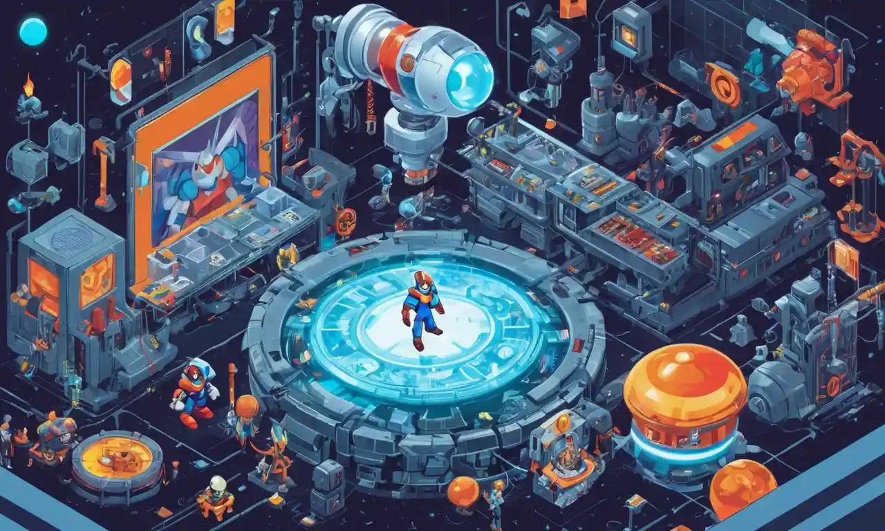 Una imagen nostálgica con Dr. Light, creador de Mega Mans, rodeado de elementos robóticos y técnicos.