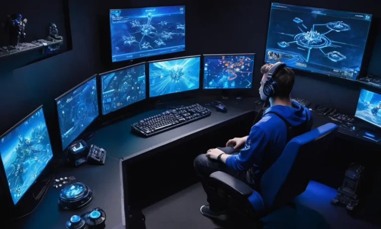 Un jugador rodeado de pantallas de ordenador que muestran el juego StarCraft II