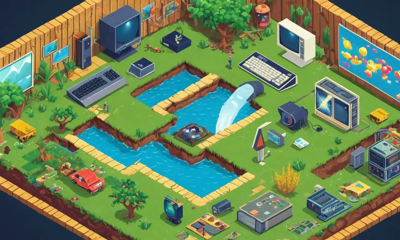 Un collage nostálgico de computadoras viejas y gráficos de juego de aventura con flechas de progreso y marcadores del año.