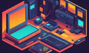 Pantallas informáticas antiguas y personajes icónicos del juego pasan a consolas de juego modernas y gráficos impresionantes.