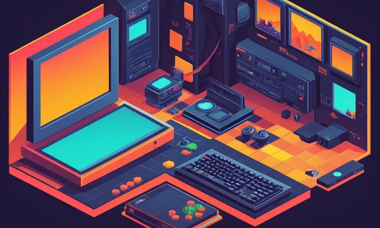 Pantallas informáticas antiguas y personajes icónicos del juego pasan a consolas de juego modernas y gráficos impresionantes.