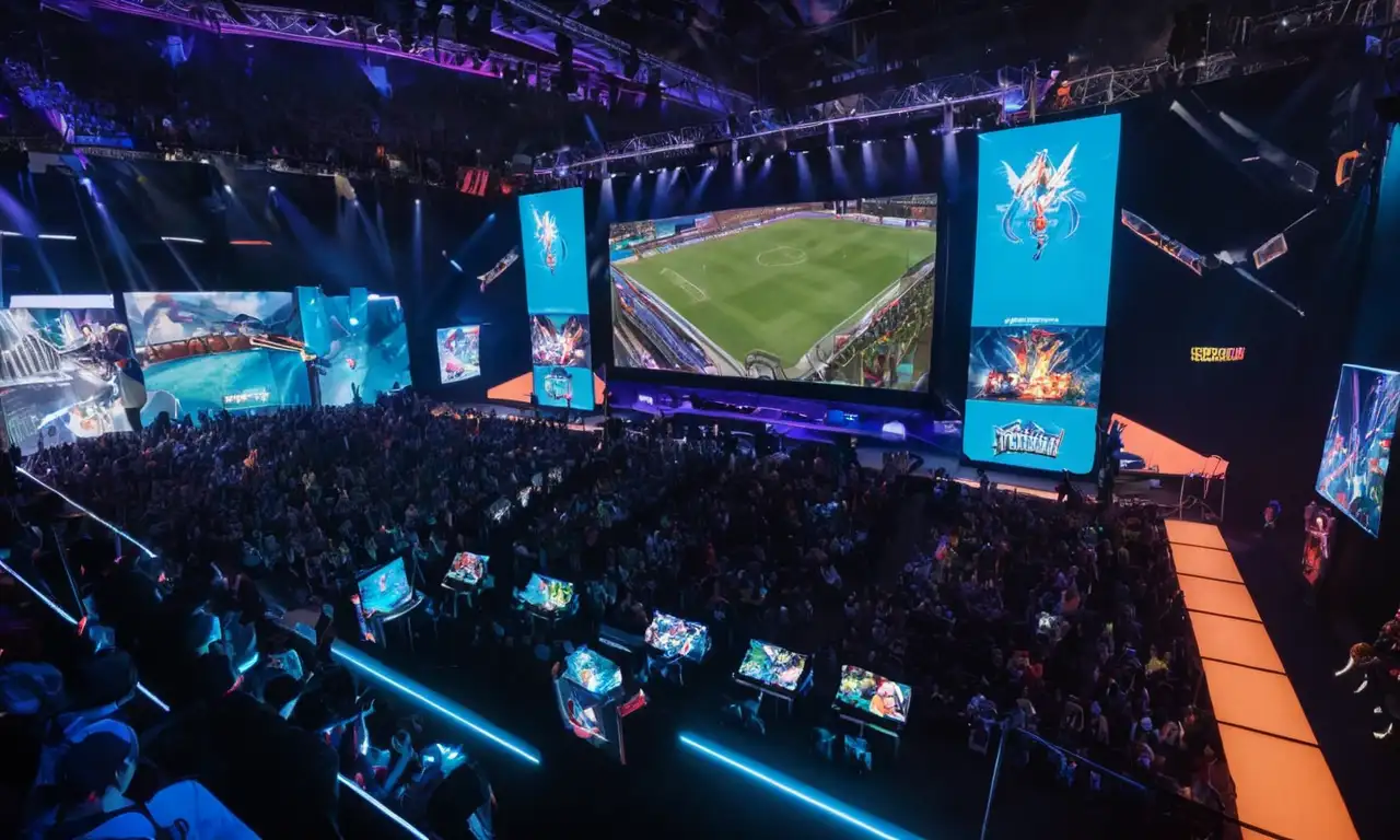 Una mezcla de pantallas de juego, ventiladores en cosplay, e ilustraciones gráficas que se mezclan para representar el impacto del fandom en la evolución de los esports.