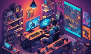 Un jugador rodeado de dispositivos de juego y cómics