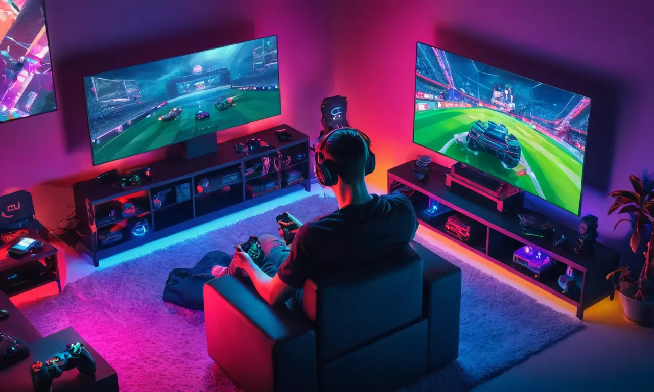 Un jugador sentado en un sofá, rodeado de consolas de juego y pantallas, con un controlador en la mano y una pantalla gigante que muestra un partido de esports en el fondo.