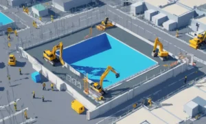 Una persona interactuando con un simulador de construcción moderno en una pantalla grande.