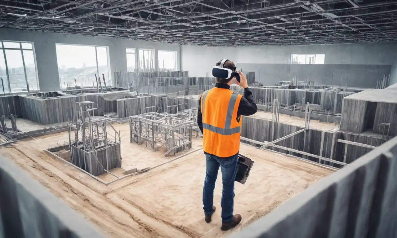 Un sitio de construcción con un auricular de realidad virtual usado por un ingeniero en primer plano.