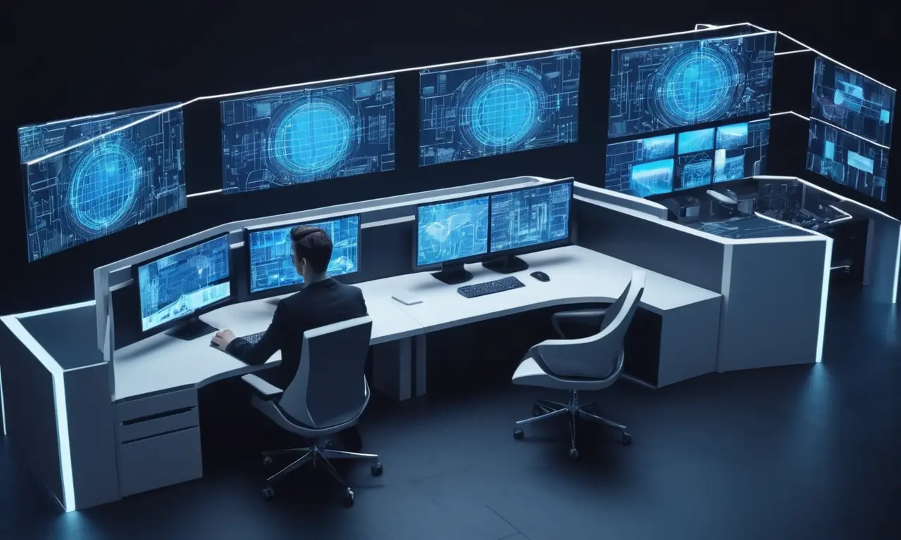 Un arquitecto futurista sentado en una estación de trabajo de computadora rodeado de pantallas que muestran diseños y simulaciones de edificio.