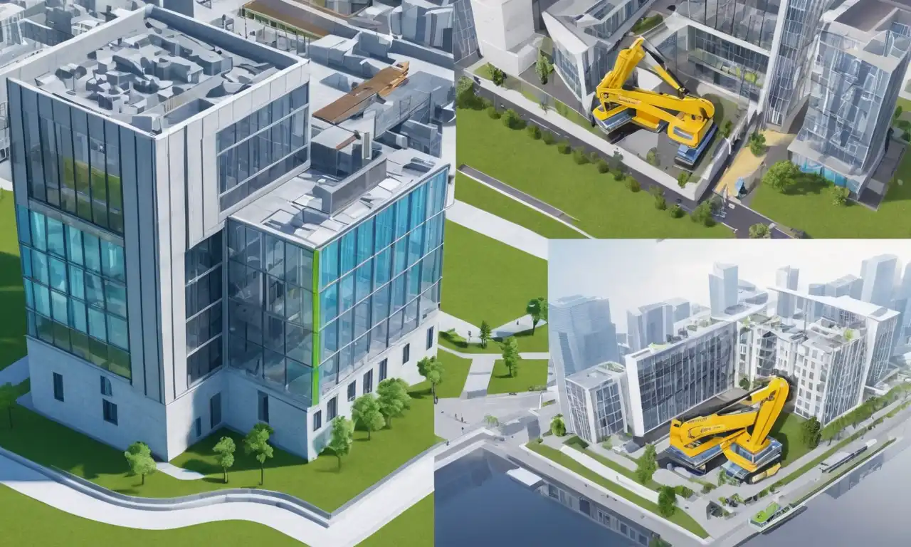 Una imagen de pantalla dividida que compara los simuladores de construcción tradicionales con los modernos VR, con un modelo de construcción 3D en segundo plano.