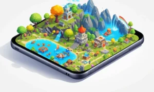 Una pantalla de teléfono inteligente que muestra varios juegos móviles visualmente impresionantes con gráficos coloridos e interfaces atractivas.