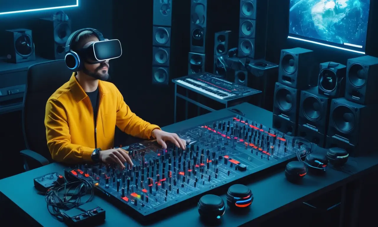 Un ingeniero de sonido futurista rodeado de equipos de audio y auriculares de realidad virtual.