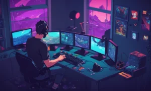 Un jugador frustrado sentado en un escritorio con múltiples intentos fallidos en un juego difícil mostrado en la pantalla.