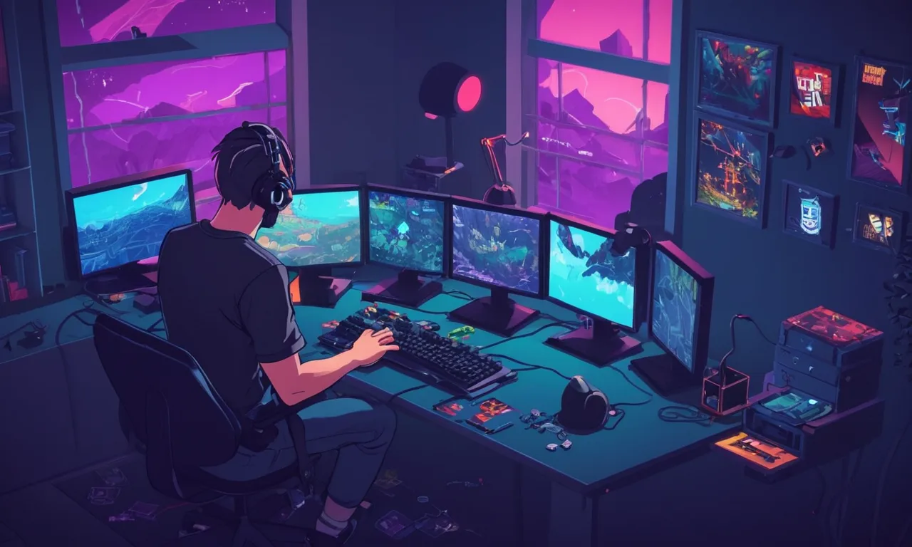 Un jugador frustrado sentado en un escritorio con múltiples intentos fallidos en un juego difícil mostrado en la pantalla.