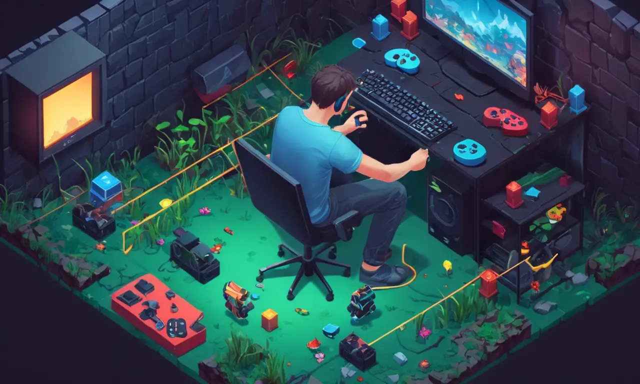 Un jugador que lucha por progresar a través de un juego desafiante, rodeado de intentos fallidos y controladores rotos.