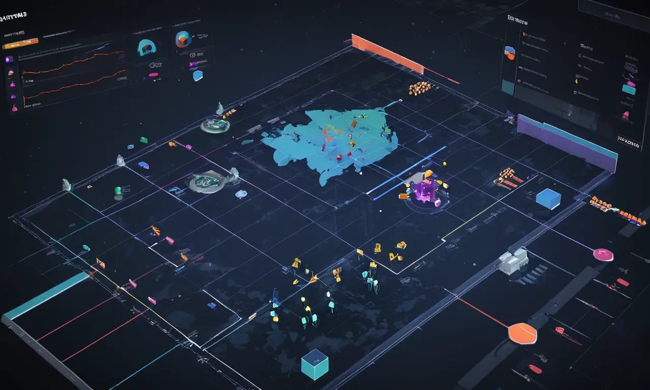 Una captura de pantalla del videojuego Anthems UI, superpuesta con gráficos y gráficos analizando sus decisiones estratégicas.