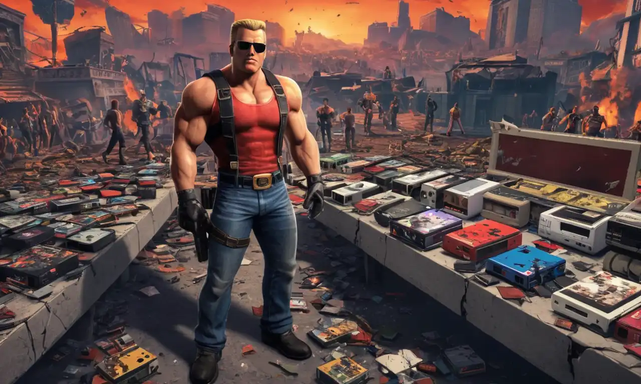 Duke Nukem de pie en medio de consolas de juego rotas y fans decepcionados en el fondo.
