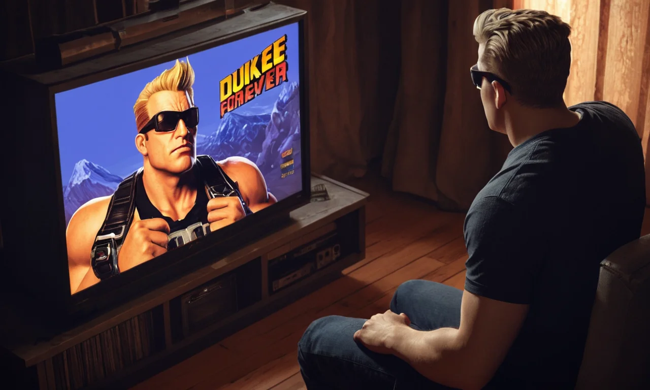 Un jugador decepcionado sentado frente a un televisor que muestra una pantalla de juego de Duke Nukem Forever.