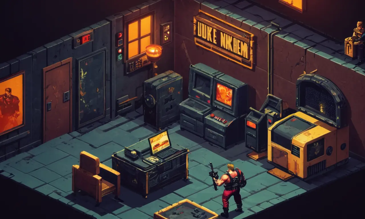 icono de videojuego de la vieja escuela Duke Nukem en una habitación muy iluminada con maquinaria rota y elementos nostálgicos.