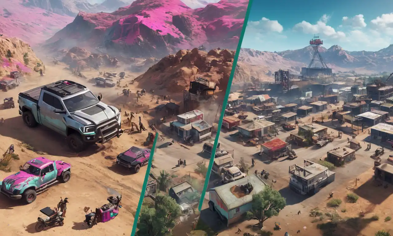 Una imagen de pantalla dividida que compara las expectativas iniciales con el resultado real del diseño y marketing de juegos Rage 2.