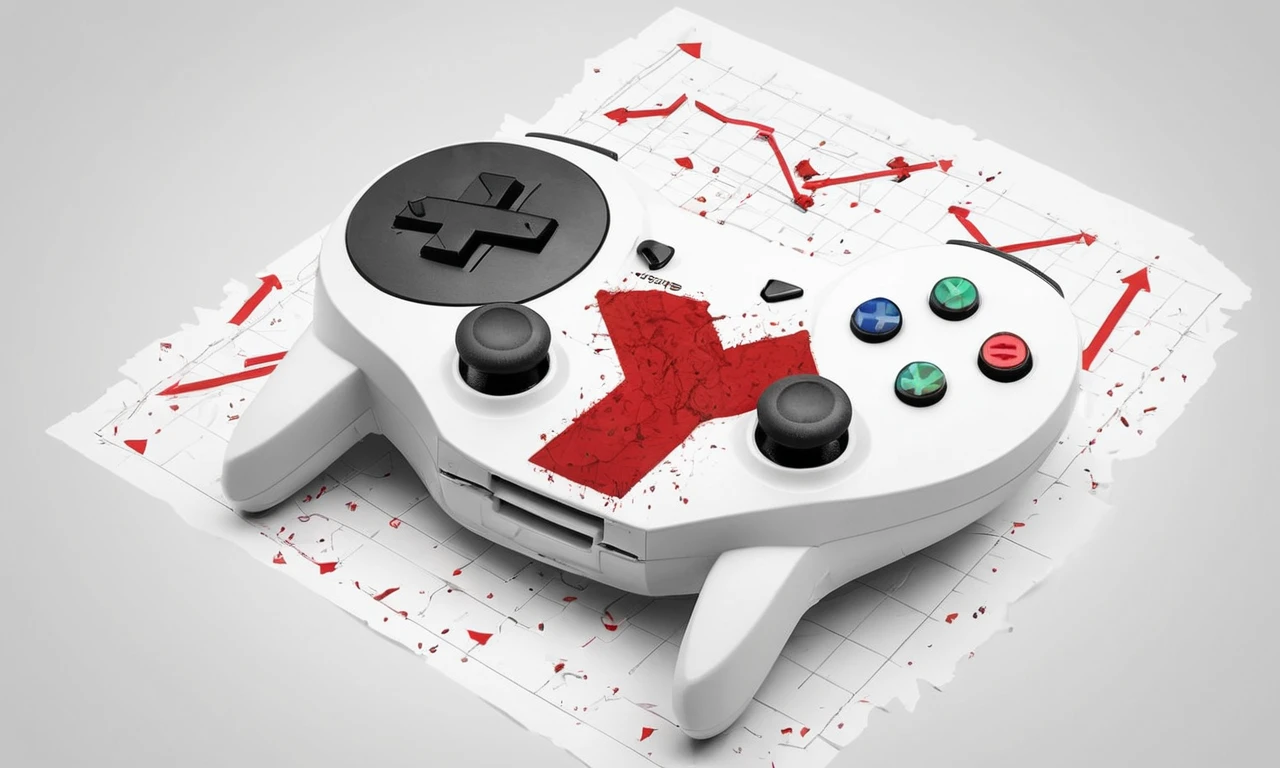 Una representación gráfica de un controlador de juego roto con un símbolo X rojo, rodeado de notas y gráficos en una pizarra blanca.