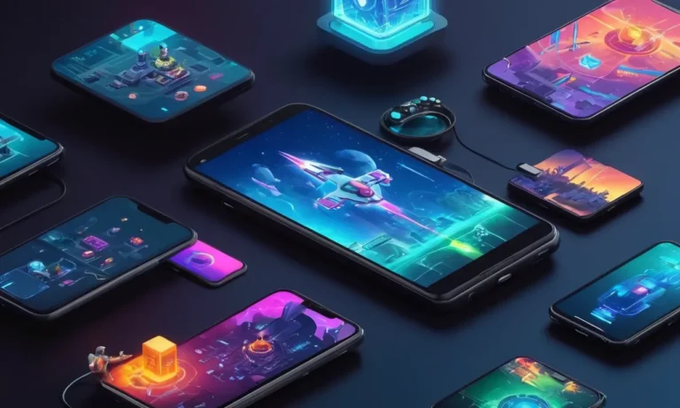 Arte conceptual de dispositivos móviles futuristas con superposiciones de realidad aumentada.