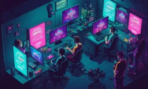 Un grupo de jugadores mirando frustradamente una pantalla con una etiqueta tramposa.