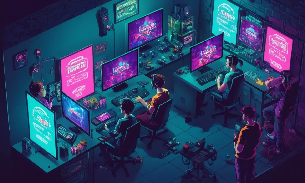 Un grupo de jugadores mirando frustradamente una pantalla con una etiqueta tramposa.